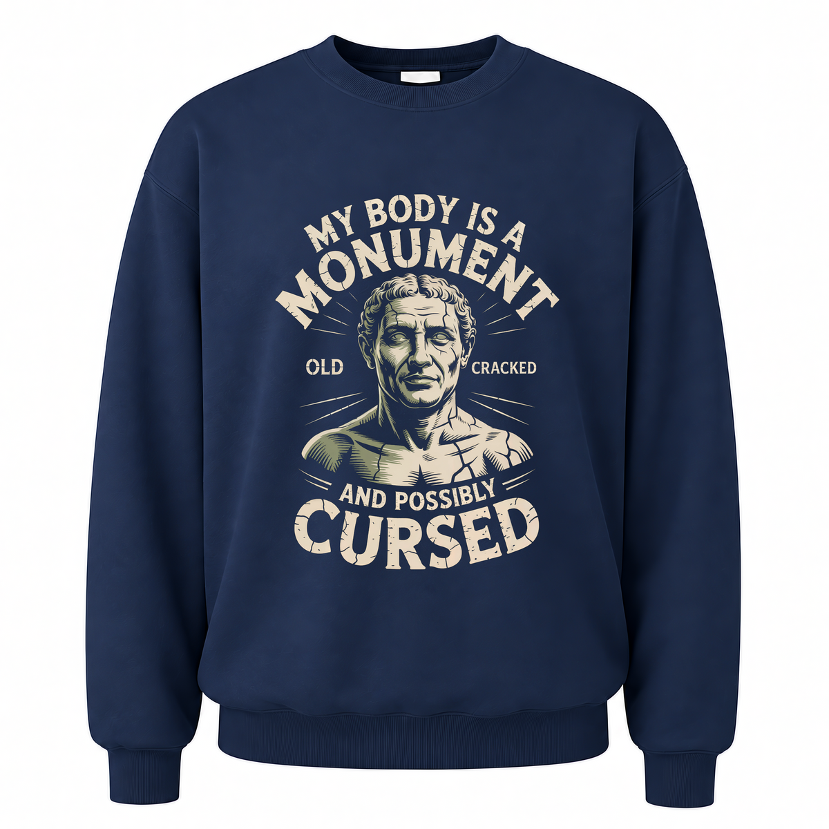 Navy vintage sweatshirt with My Body Is a Monument printed front design