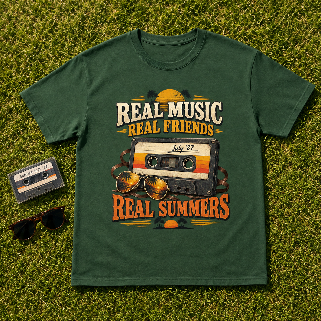 A dark green graphic t-shirt laid flat on green grass, styled with a vintage cassette tape, sunglasses, and a small cassette tape prop. The t-shirt features a retro graphic with the text 'REAL MUSIC REAL FRIENDS' and 'REAL SUMMERS' surrounding a cassette tape illustration labeled 'July 27'.
