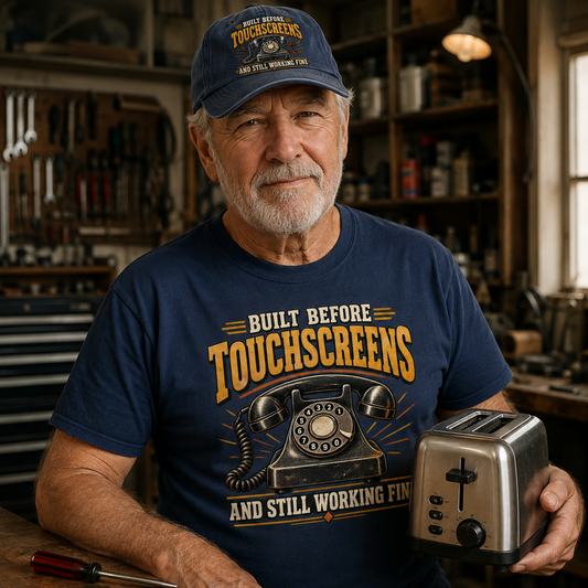 An older man in a workshop wearing a navy blue graphic t-shirt and a matching baseball cap, holding a silver toaster. The t-shirt features a retro graphic of a rotary phone with the text 'BUILT BEFORE TOUCHSCREENS AND STILL WORKING fine'.