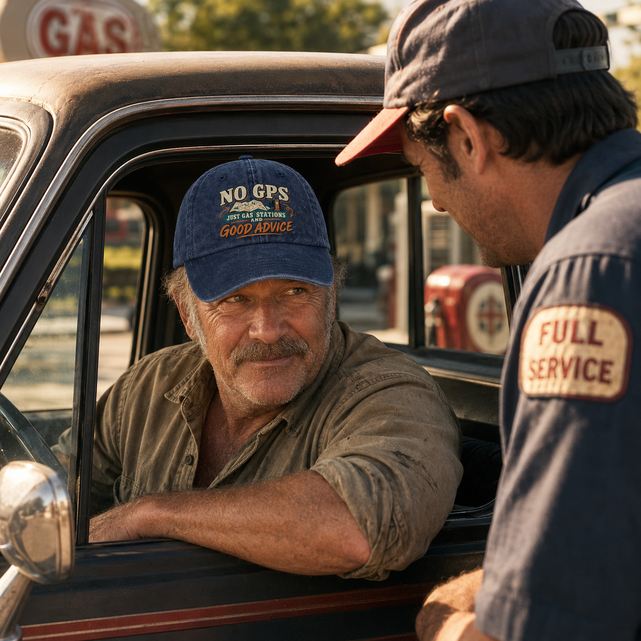 "No GPS Just Gas Stations And Good Advice" Vintage Washed Cap