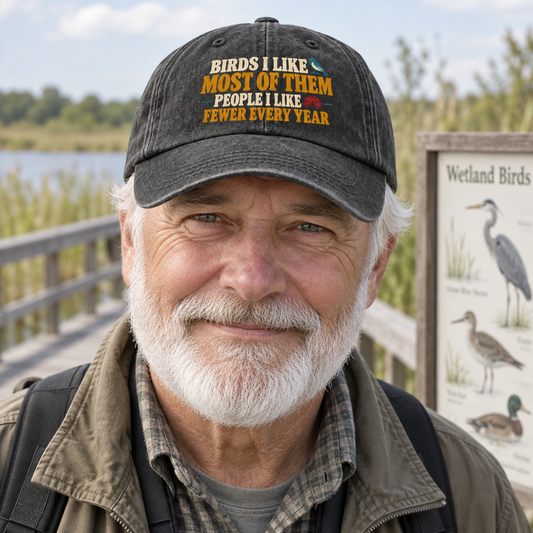 "Birds I Like Most Of Them. People I Like Fewer Every Year" Vintage Washed Cap