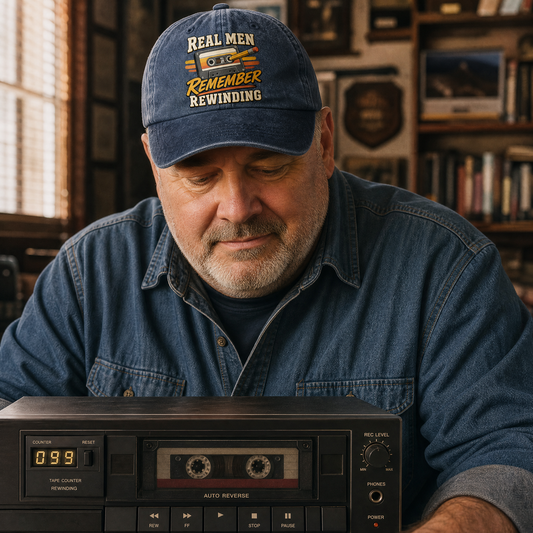 A man wearing a navy blue baseball cap with 'REAL MEN REMEMBER REWINDING' embroidered on it, looking down at a vintage cassette tape player in a cozy, book-filled room.