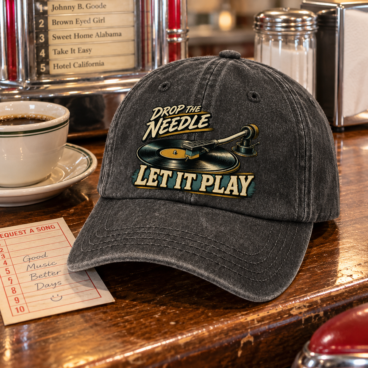 "Drop The Needle. Let It Play" Vintage Washed Cap
