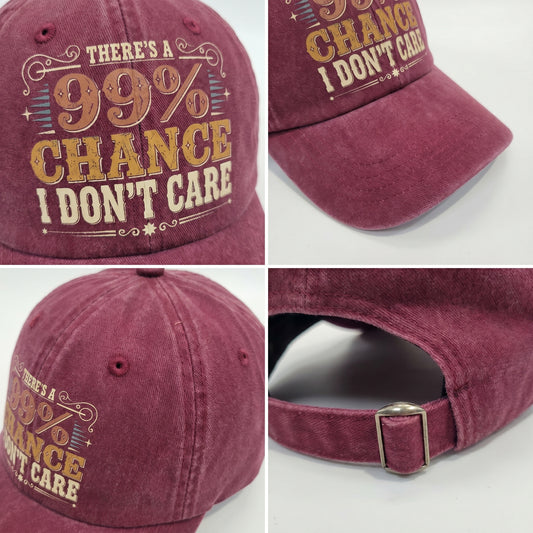 Burgundy cap detail collage showing printed 99 percent design and strap