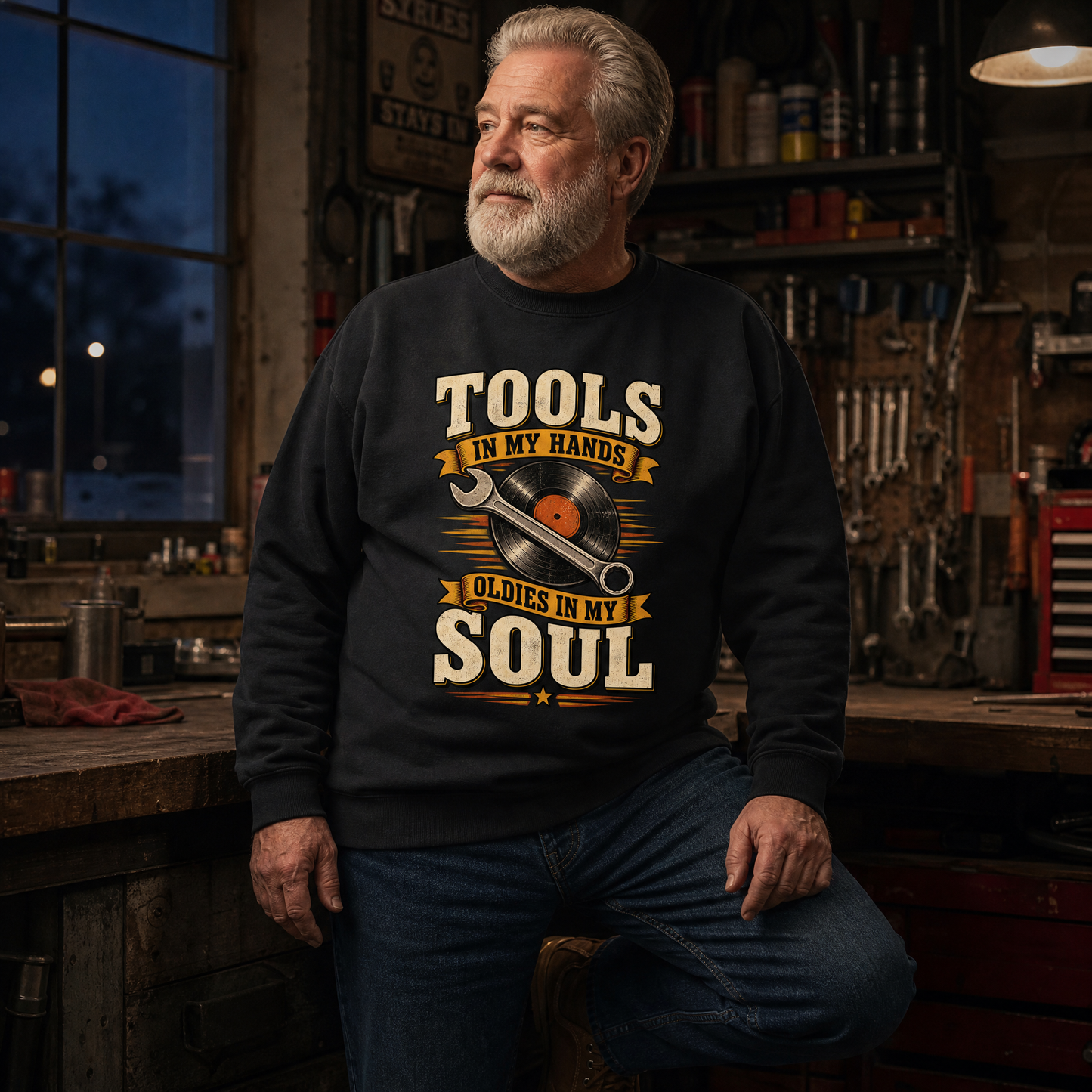 older man in his early 60s with a fuller build and a settled expression wearing the "Tools In My Hands. Oldies In My Soul" vintage sweatshirt as his outer layer, long sleeves clearly visible, on a cool evening, leaning against the workbench with one foot up on a lower shelf
