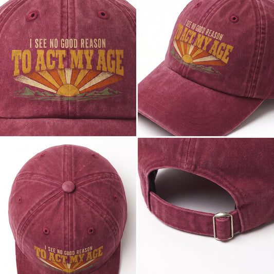 Burgundy cap detail collage showing sunset graphic, brim, crown, and strap