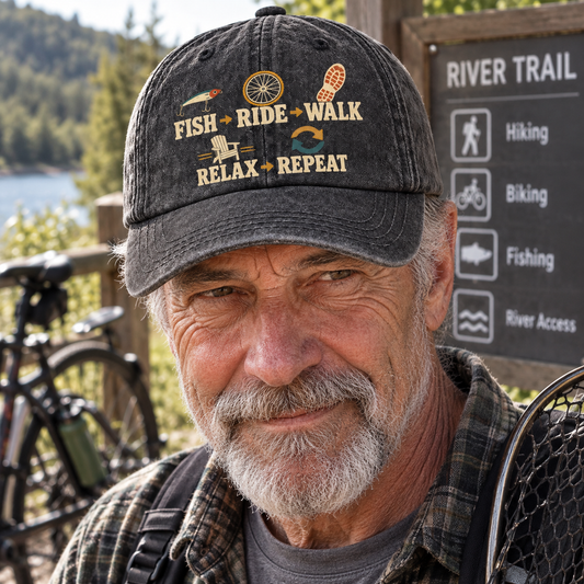 "Fish Ride Walk Relax Repeat" Vintage Washed Cap