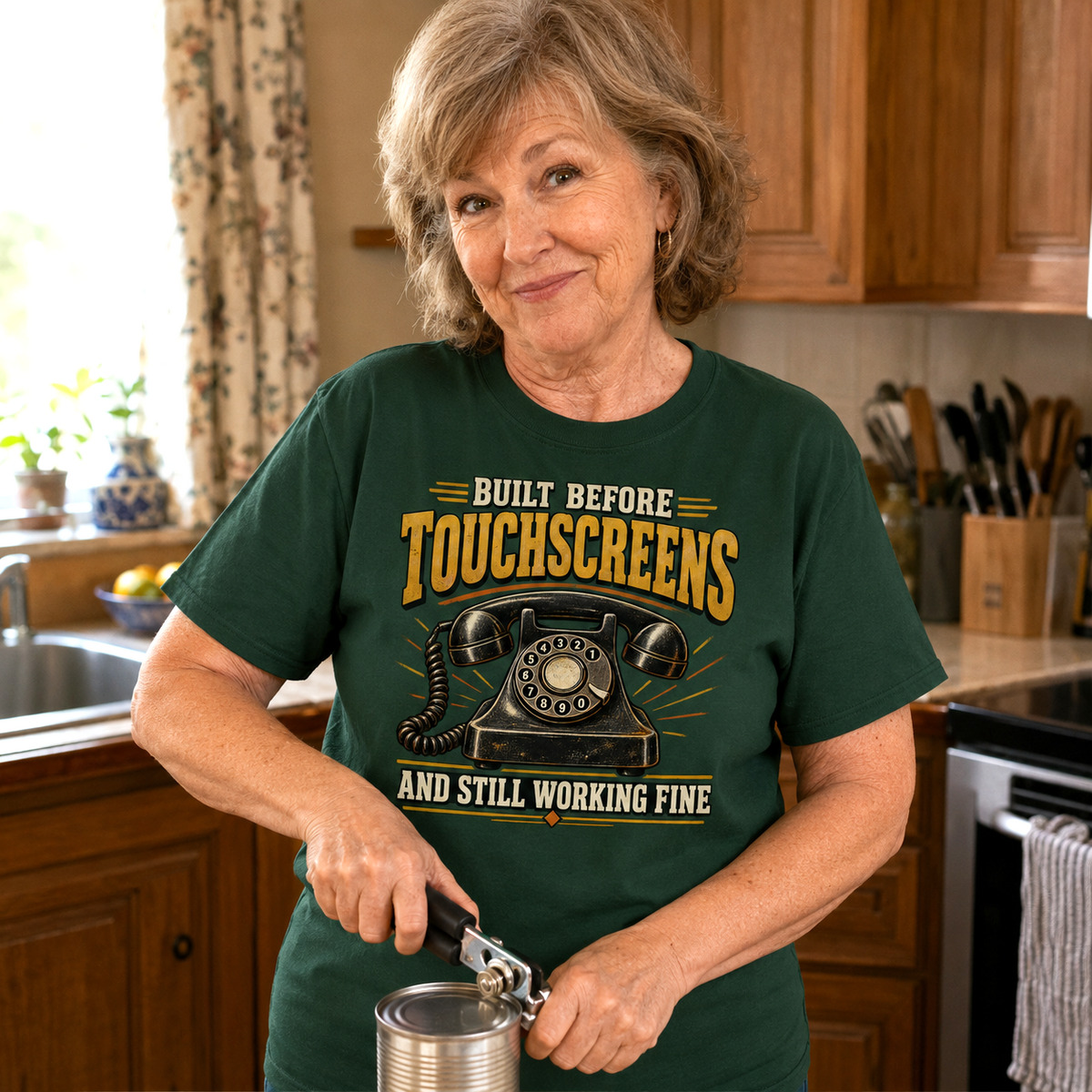 An older woman standing in a kitchen wearing a dark green graphic T-shirt that reads 'BUILT BEFORE TOUCHSCREENS AND STILL WORKING FINE' with a retro rotary phone illustration. She is using a can opener on a can.