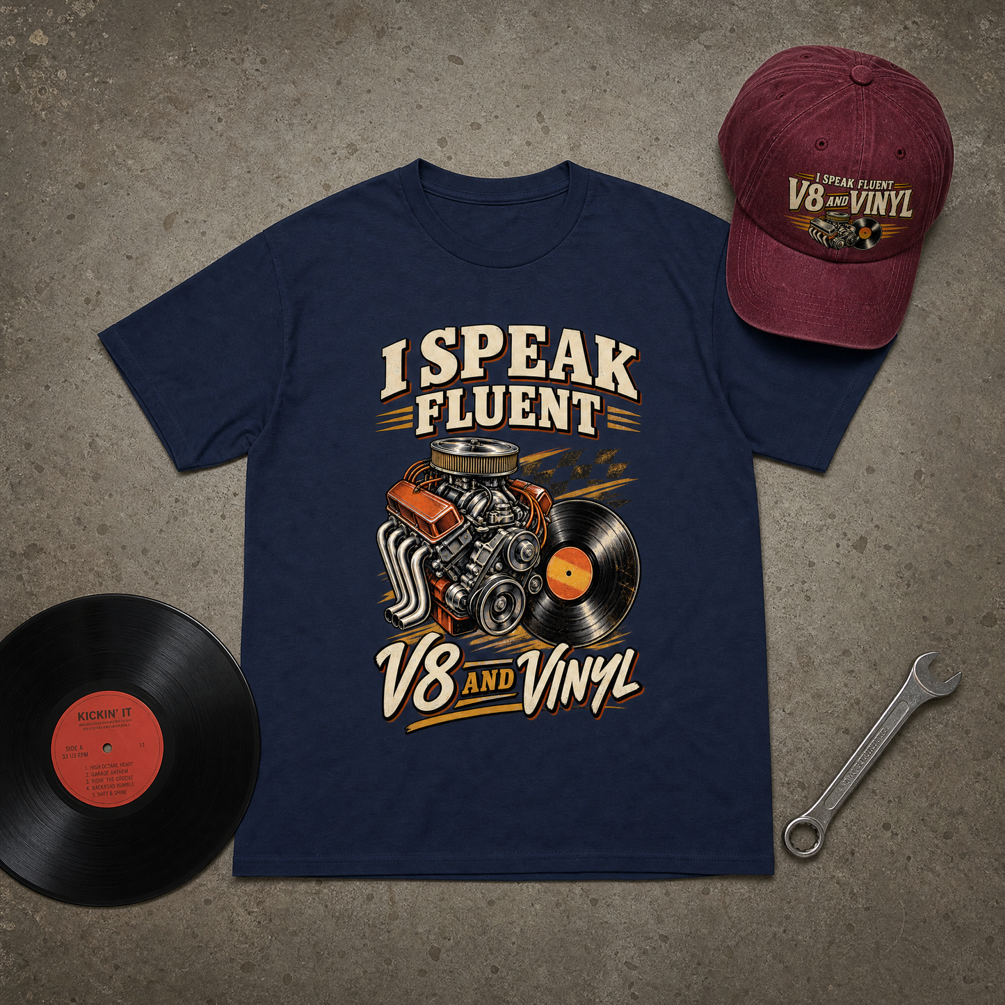 A navy blue graphic t-shirt with a vintage-style engine and vinyl record design, styled in a flat lay on a textured gray background alongside a maroon baseball cap, a black vinyl record, and a wrench. The t-shirt reads 'I SPEAK FLUENT V8 AND VINYL'.
