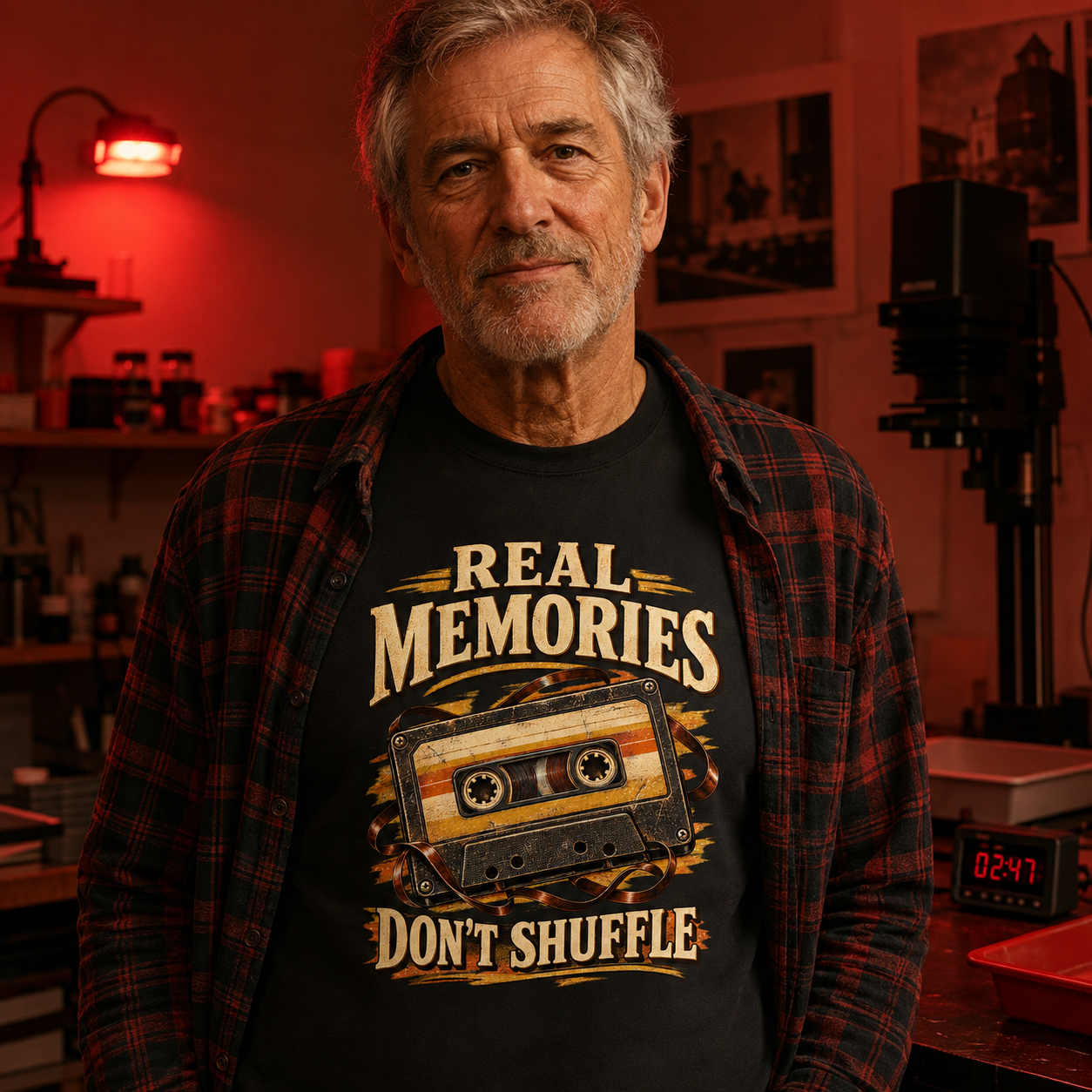 A man wearing a black graphic t-shirt with a cassette tape design and the text 'REAL MEMORIES DON'T SHUFFLE', layered under a red and black plaid flannel shirt in a warm, dimly lit studio or workshop environment.
