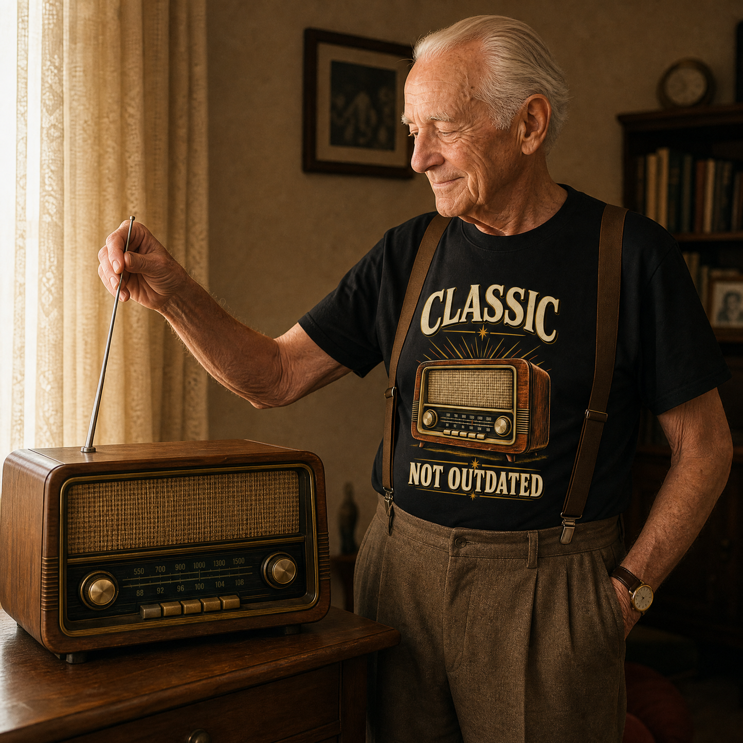An older man in a vintage-style room wearing a black graphic t-shirt that reads 'CLASSIC NOT OUTDATED' with a retro TV illustration, brown suspenders, and gray trousers, while adjusting the antenna on a vintage wooden radio.