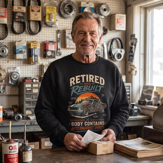 Retired and Rebuilt aftermarket parts sweatshirt with printed graphic design