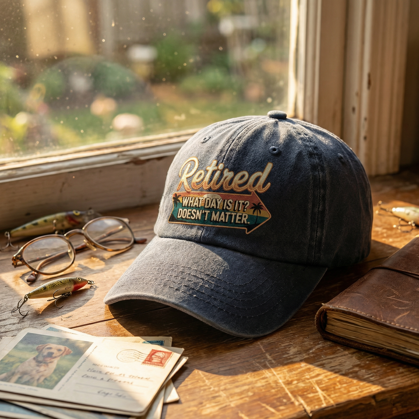 “Retired. What Day Is It? Doesn’t Matter.” Vintage Sunset Neon Style Cap