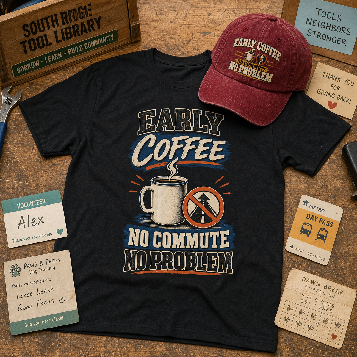 "Early Coffee. No Commute No Problem" Vintage T-Shirt