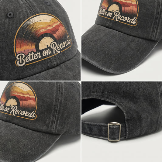Black cap detail collage showing printed vinyl graphic, brim, crown, and buckle
