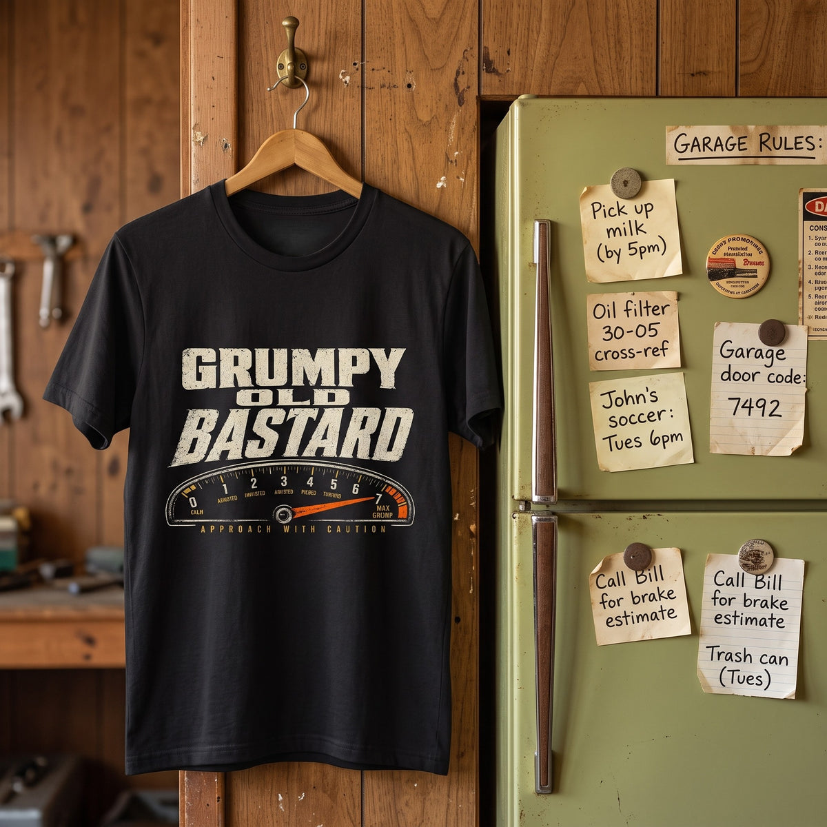 Black Grumpy Old Bastard T-shirt hanging beside refrigerator notes in garage