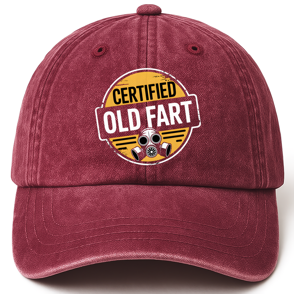 Wine Red vintage washed cap with Certified Old Fart printed front design