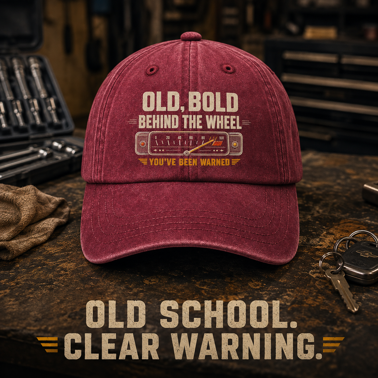 "Old, Bold, Behind The Wheel. You’ve Been Warned" Vintage Washed Cap