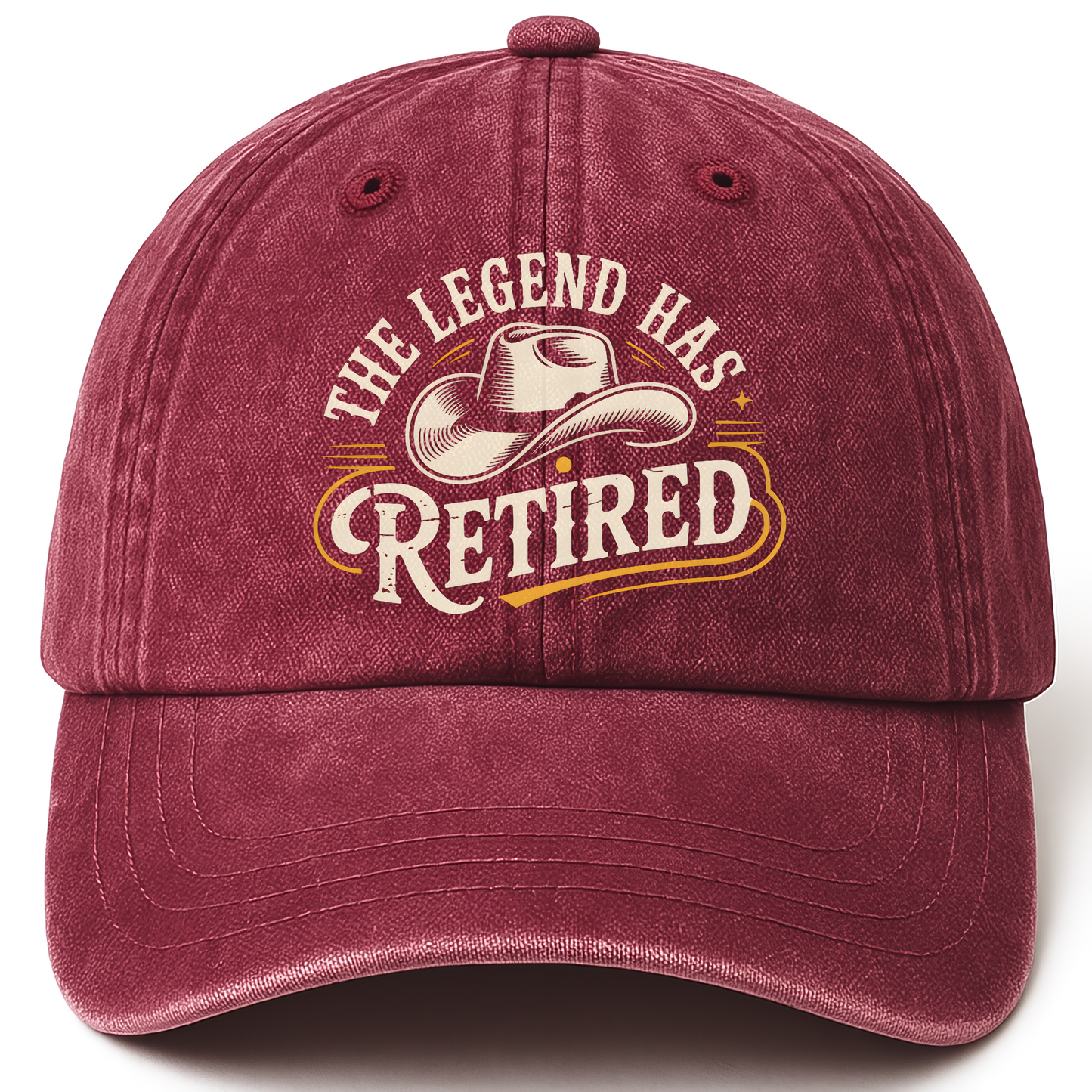 Wine Red vintage washed cap with “The Legend Has Retired” Western Signage Legacy Cap printed front design