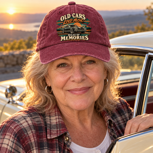 "Old Cars. Loud Music. Miles Of Memories" Vintage Washed Cap