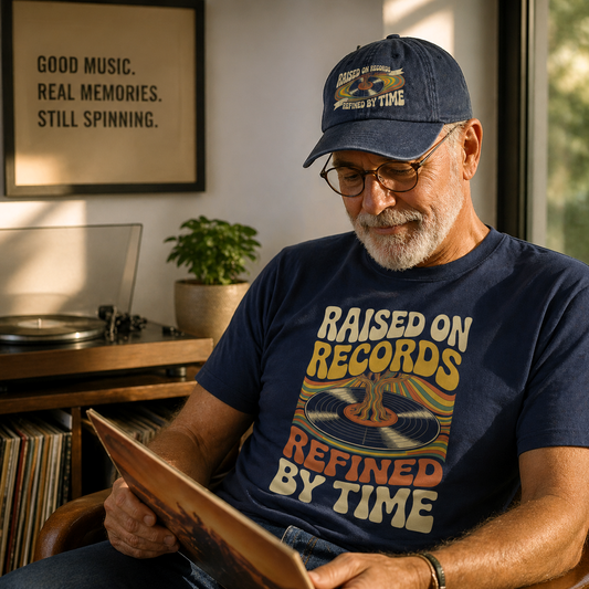 "Raised On Records. Refined By Time" Retro Music Washed Cap
