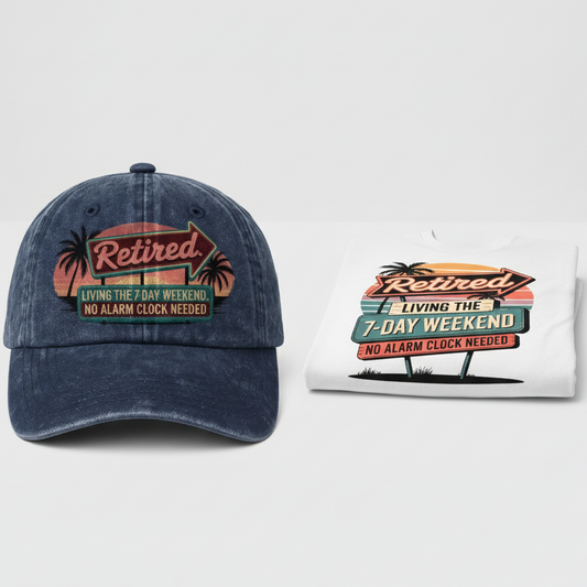 Blue denim cap and white t-shirt with退休设计 on a light gray background