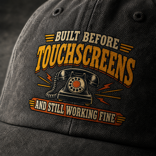 Black vintage washed cap with printed “Built Before Touchscreens And Still Working Fine” slogan, angled view