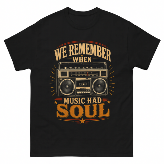 Black vintage t-shirt with We remember music soul tee printed front design