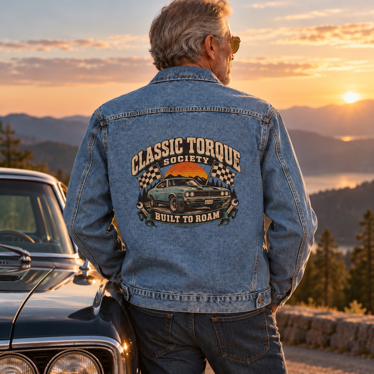 Senior man wearing blue vintage denim jacket with printed car design, rear view at sunset