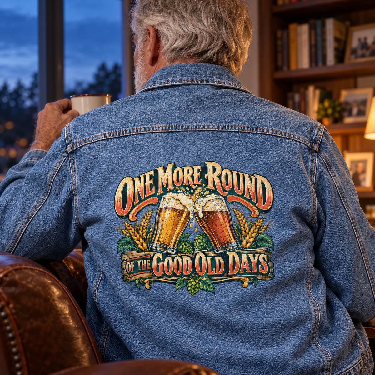 Senior man in blue vintage denim jacket with printed beer glasses and slogan