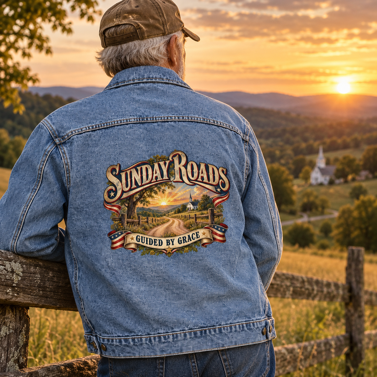Senior man at sunset wearing blue vintage denim jacket printed Sunday Roads Guided By Grace