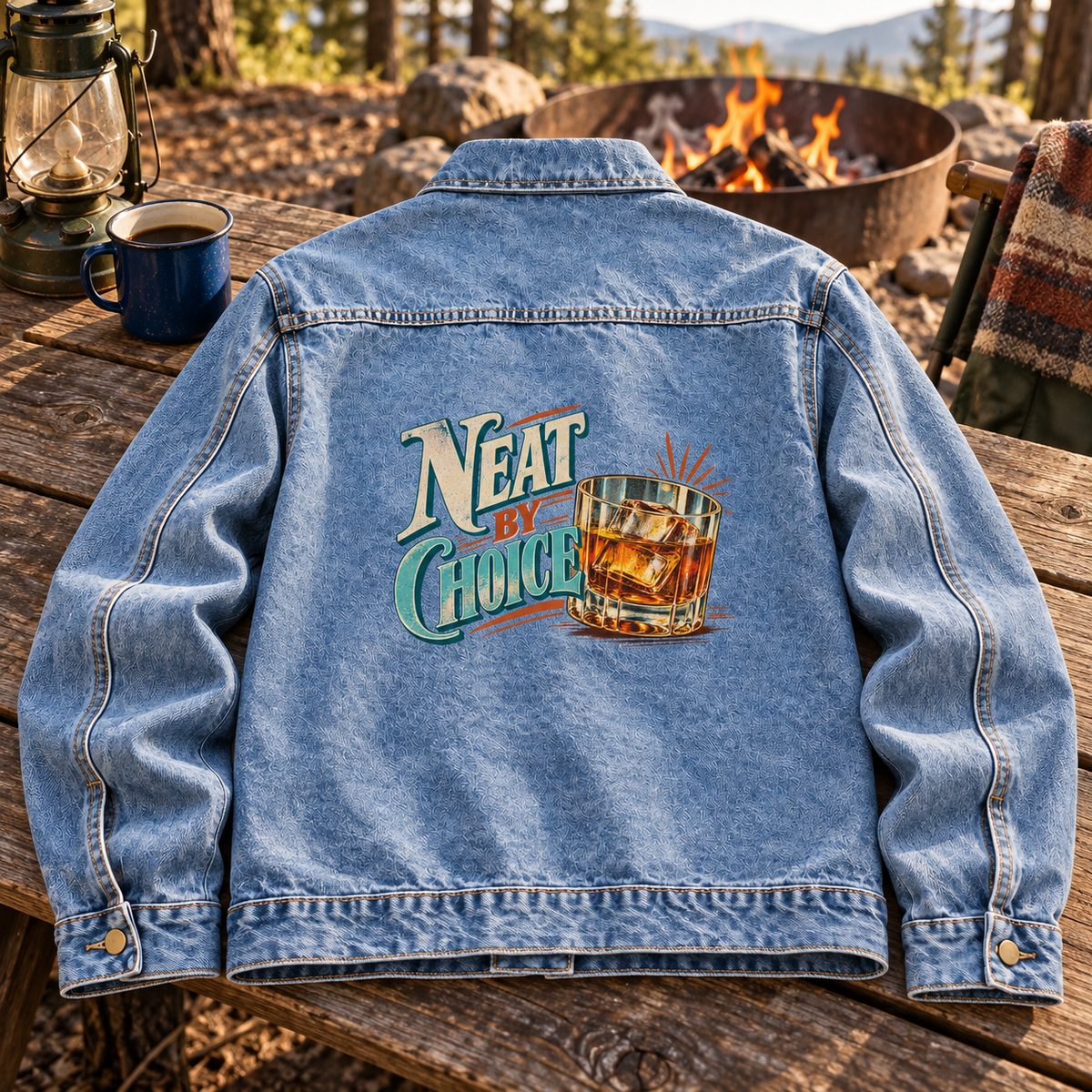 Blue vintage denim jacket, back view, with printed Neat By Choice and drink glass