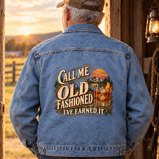 Senior man wears blue vintage denim jacket with printed Old Fashioned slogan, back view