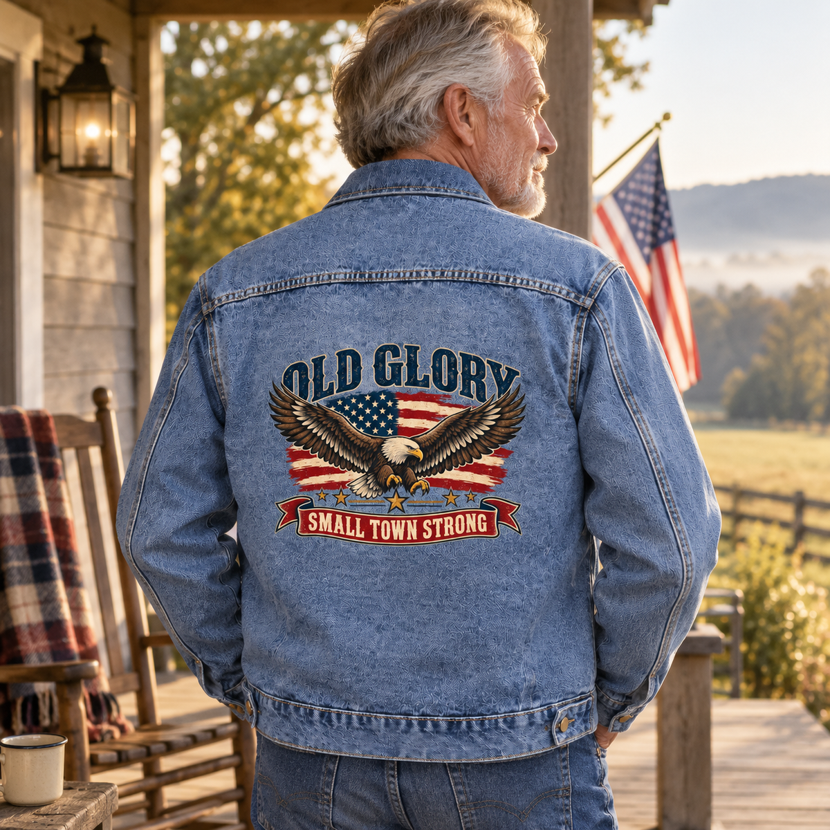 Senior man in blue vintage denim jacket with printed eagle and patriotic slogan