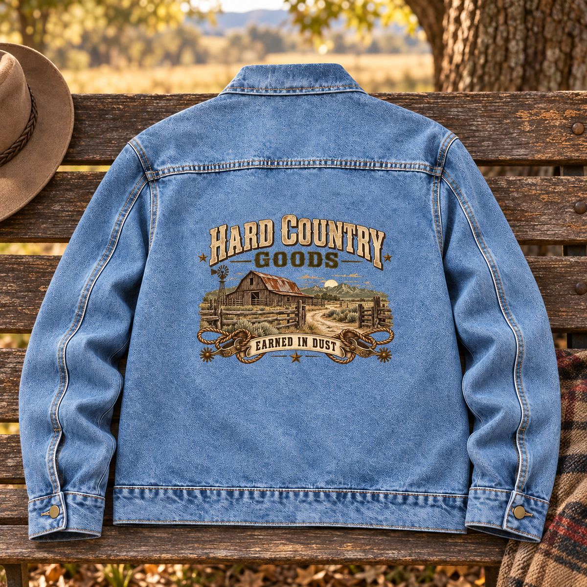Blue vintage denim jacket on bench, back showing printed Hard Country Goods Earned In Dust