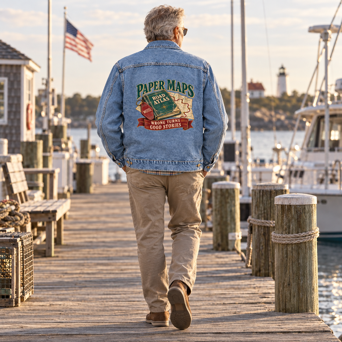 Senior man wears blue vintage denim jacket with printed Paper Maps design on dock