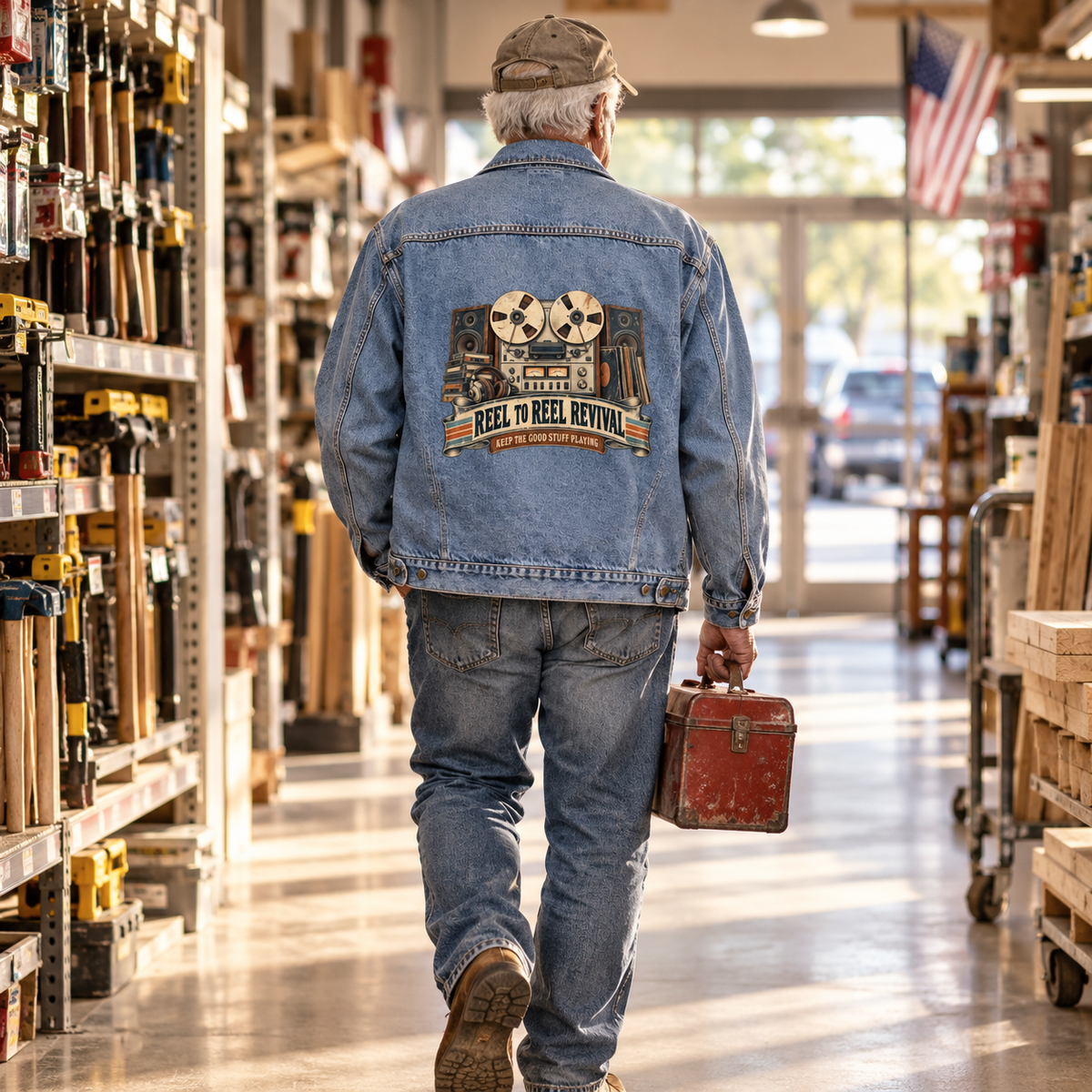 Senior man in hardware store wearing blue vintage denim jacket with printed reel-to-reel design
