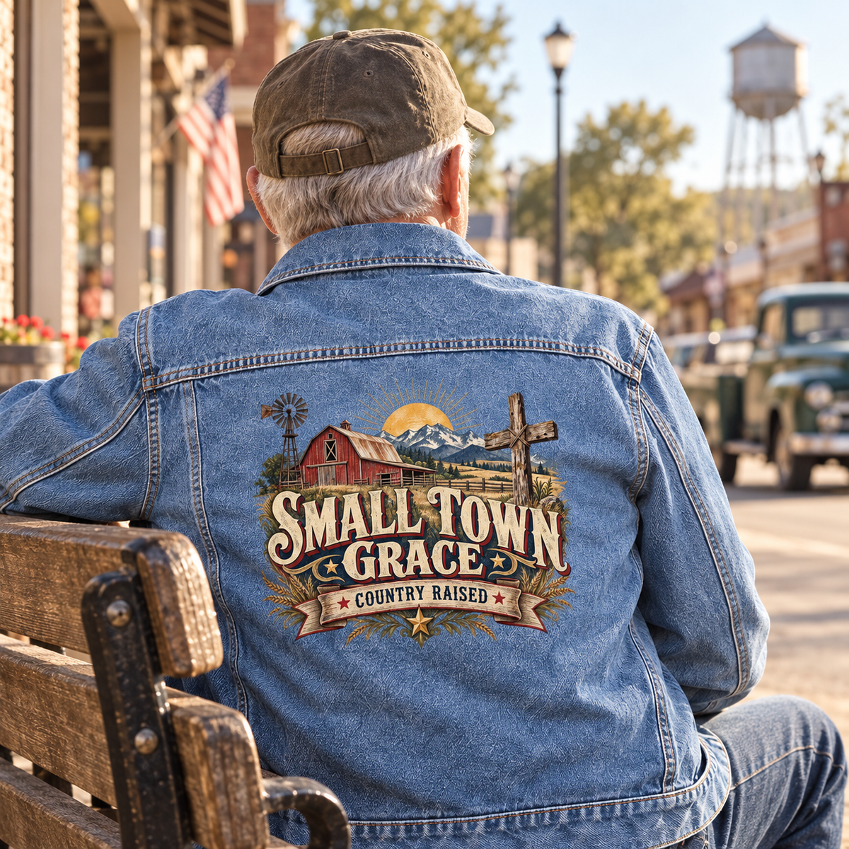 Senior man seated in blue vintage denim jacket, back printed Small Town Grace Country Raised