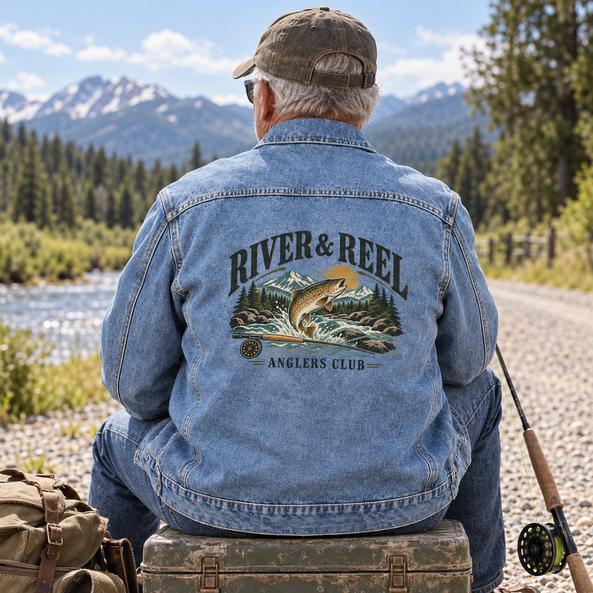 Senior’s blue vintage denim jacket, back view, with printed River & Reel Anglers Club design