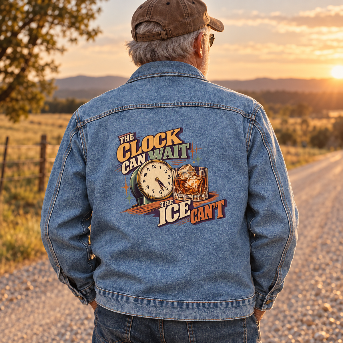 Senior wearing blue vintage denim jacket printed with The Clock Can Wait The Ice Can’t
