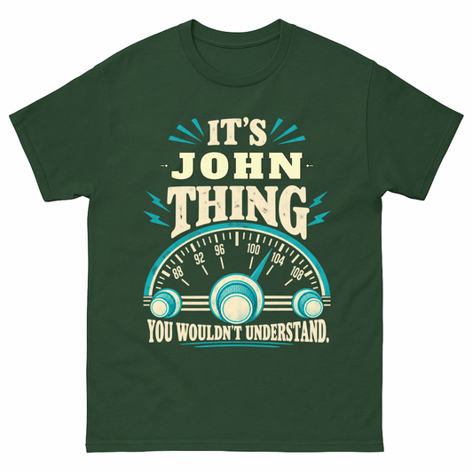 Forest Green vintage t-shirt with It's Your Name Thing Radio Dial printed front design