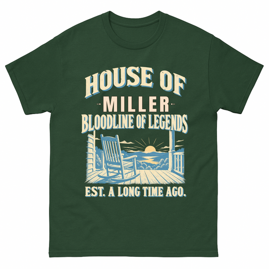 Forest Green vintage t-shirt with House Of Your Family Name Bloodline Of Legends Front Porch printed front design