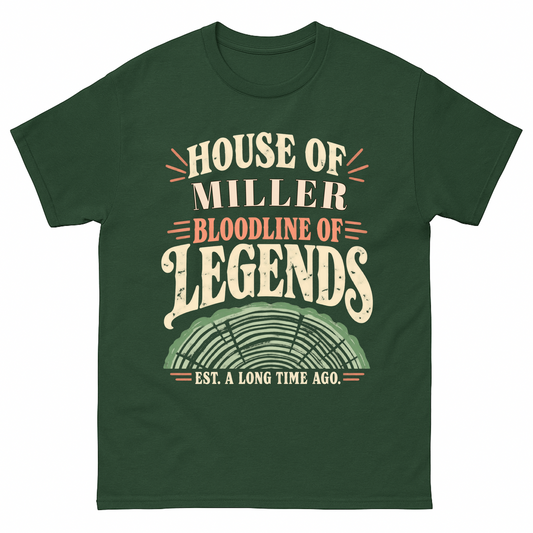 Forest Green vintage t-shirt with House Of Your Family Name Bloodline Of Legends Tree Rings printed front design