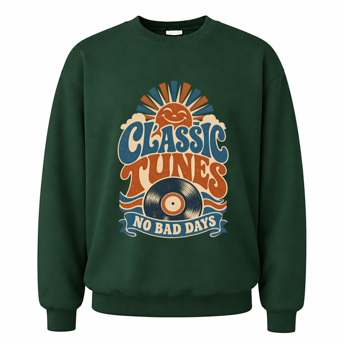 Forest Green vintage sweatshirt with Classic Tunes No Bad Days printed front design