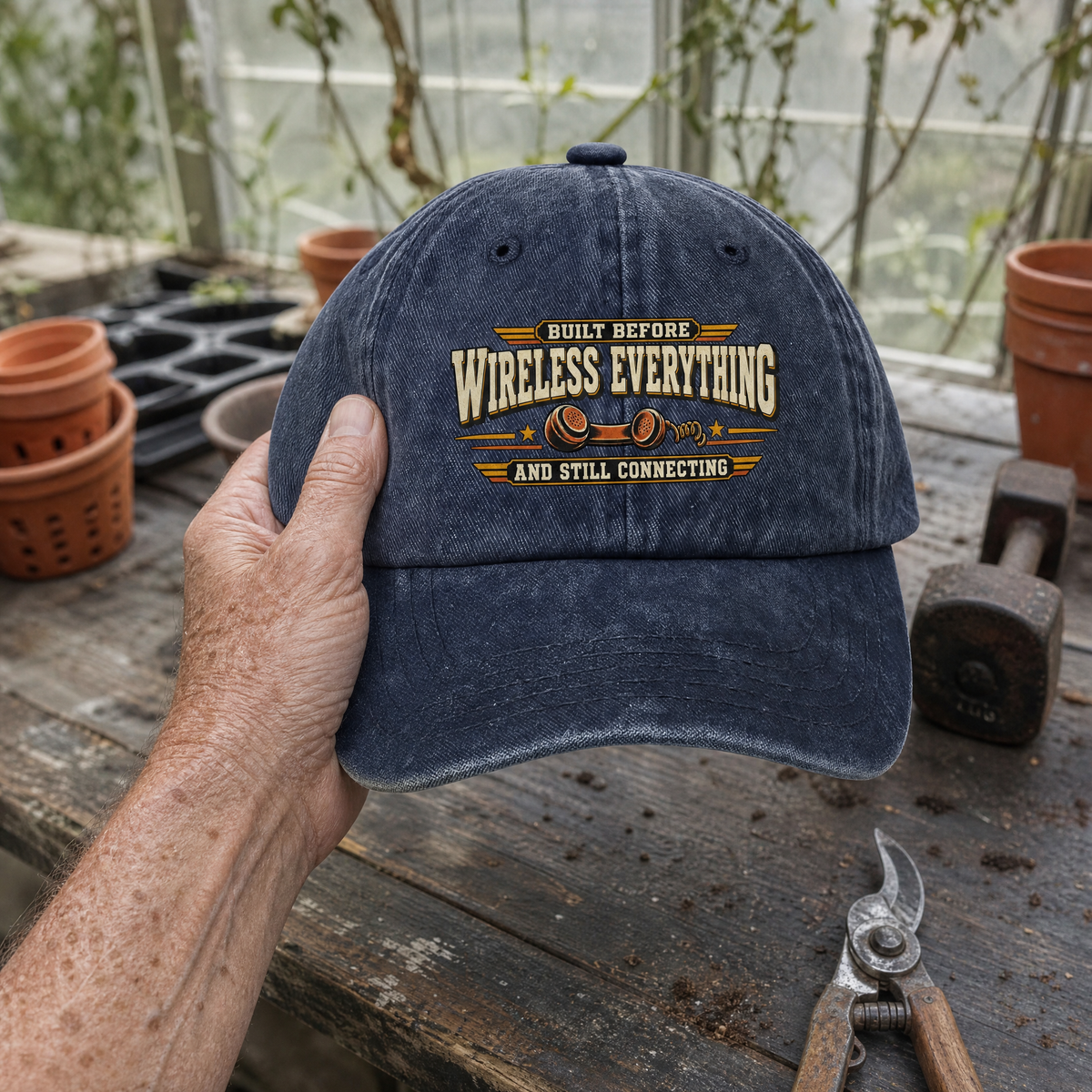 Dark blue vintage washed cap with printed Built Before Wireless Everything slogan, handheld greenhouse view