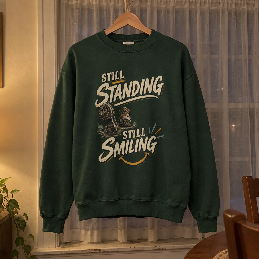 Dark green vintage sweatshirt hanging on hanger with printed Still Standing Still Smiling and boots