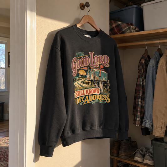 Black vintage sweatshirt hanging with printed mailbox and The Good Lord Still Knows My Address