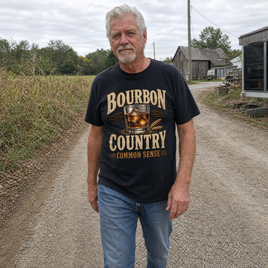 Black vintage t-shirt with Bourbon Country Common Sense print worn by senior man outdoors