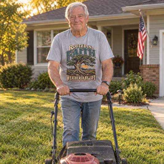 Senior man mowing lawn in gray vintage t-shirt with printed faith slogan and tree
