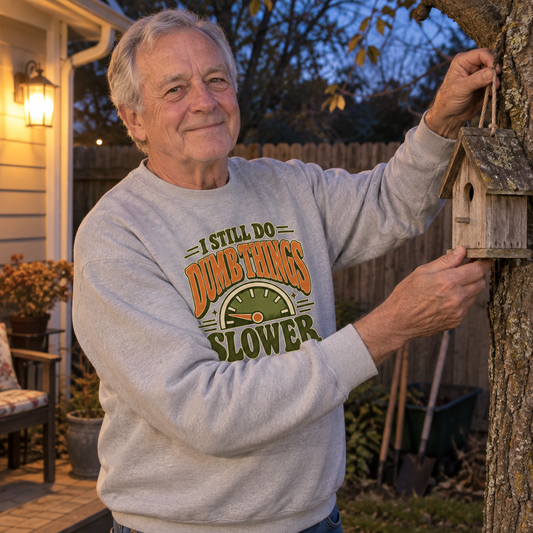 Senior man wearing gray vintage sweatshirt printed I Still Do Dumb Things Slower, holding birdhouse